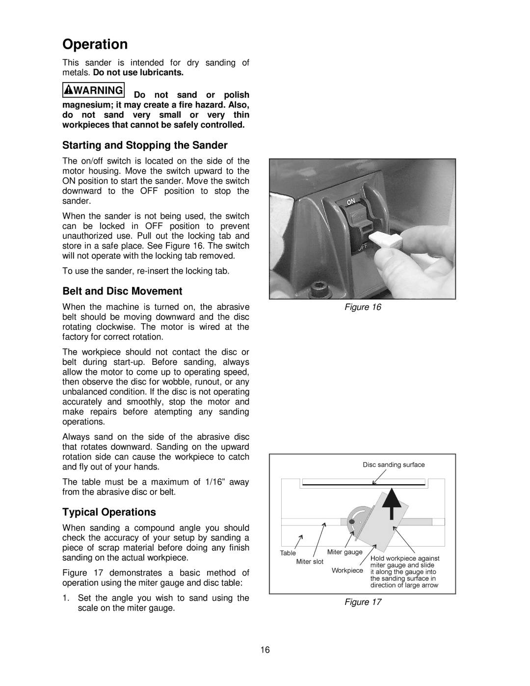 Wilton 41002 manual Starting and Stopping the Sander, Belt and Disc Movement, Typical Operations 