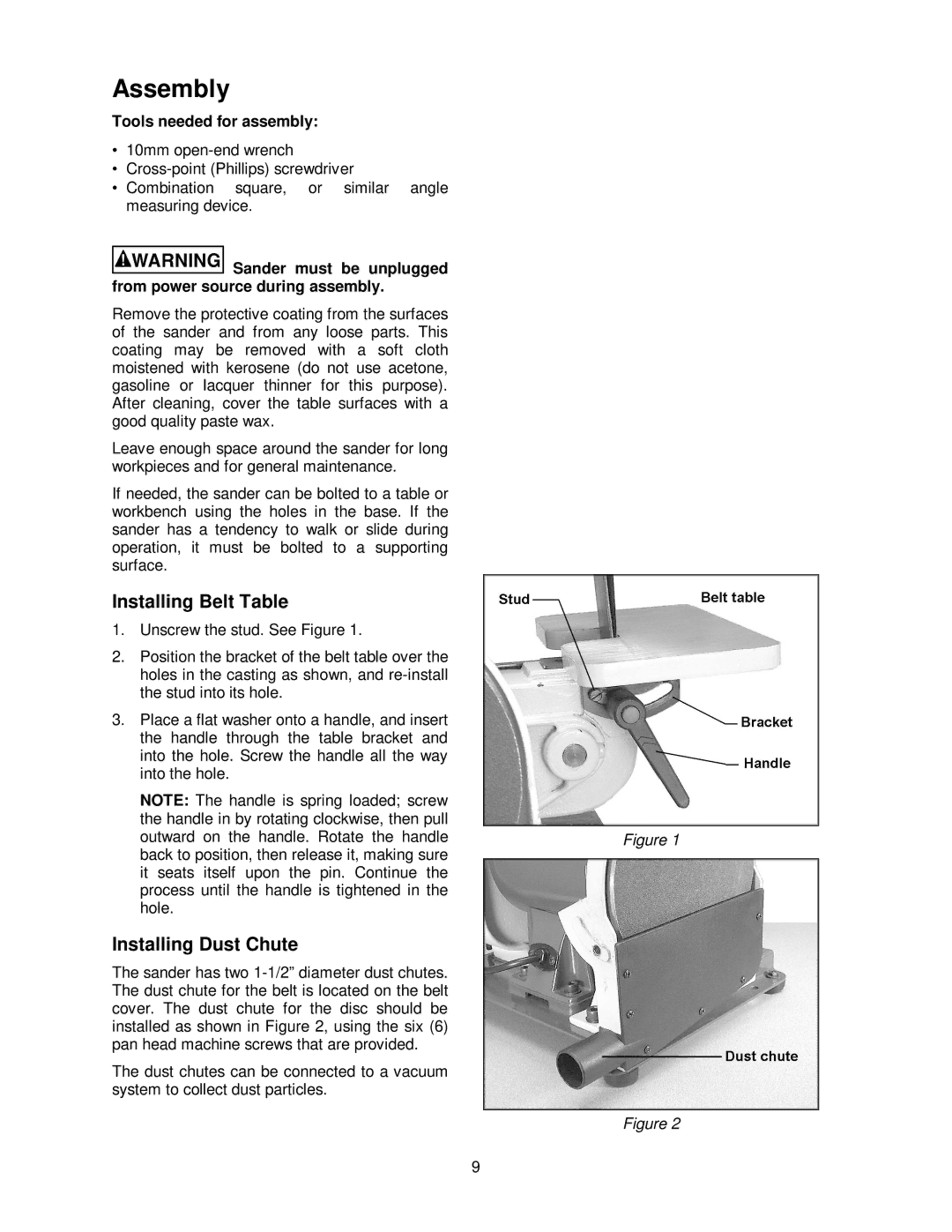 Wilton 41002 manual Assembly, Installing Belt Table, Installing Dust Chute, Tools needed for assembly 