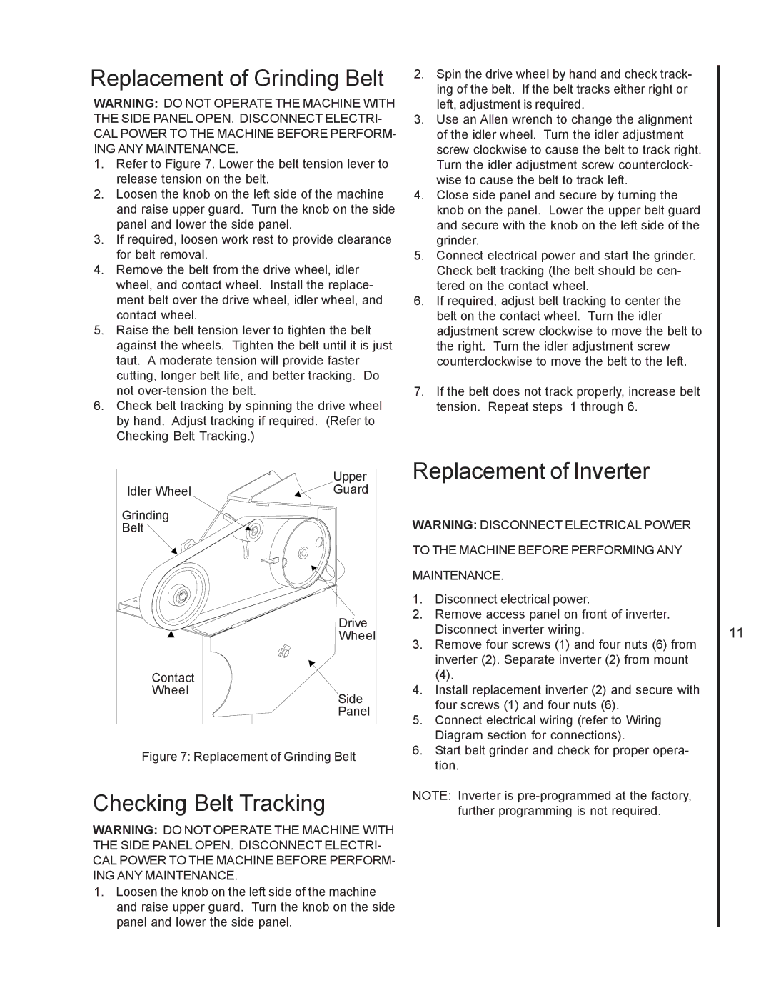 Wilton 4106, 4126AC, 4103 manual Replacement of Grinding Belt, Replacement of Inverter, Checking Belt Tracking 