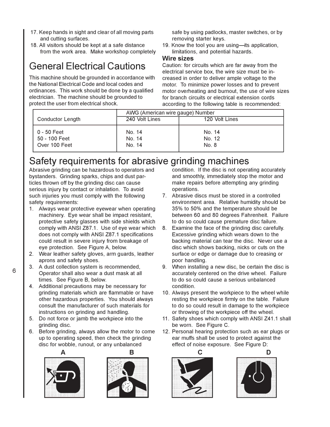 Wilton 4126AC, 4103, 4106 manual General Electrical Cautions, Safety requirements for abrasive grinding machines, Wire sizes 