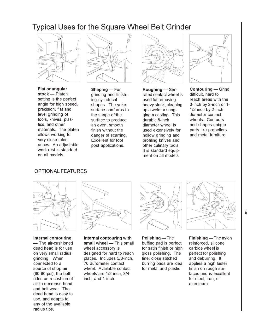 Wilton 4126AC, 4103, 4106 manual Typical Uses for the Square Wheel Belt Grinder, Optional Features 