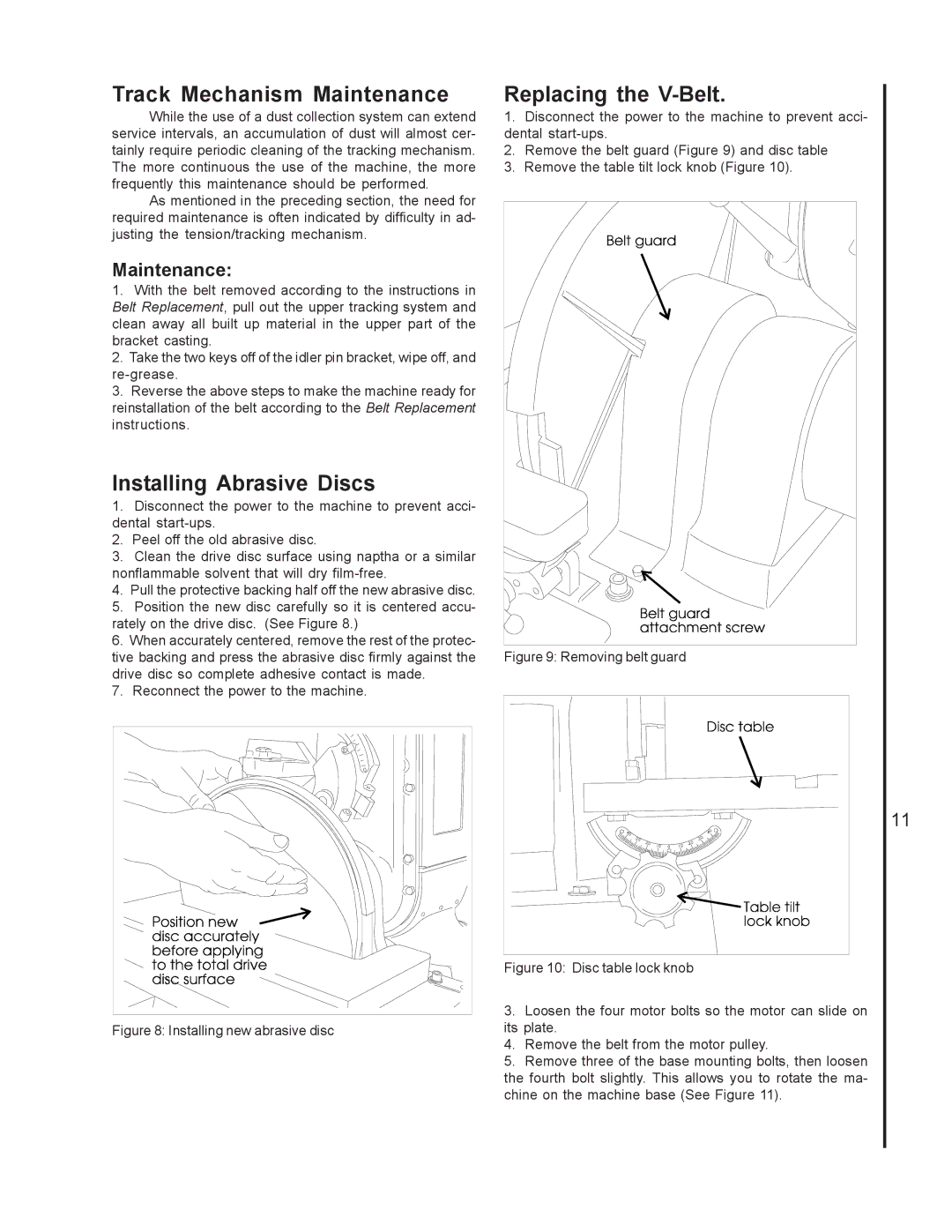 Wilton 4400A, 4200A, 4300A manual Track Mechanism Maintenance, Installing Abrasive Discs, Replacing the V-Belt 