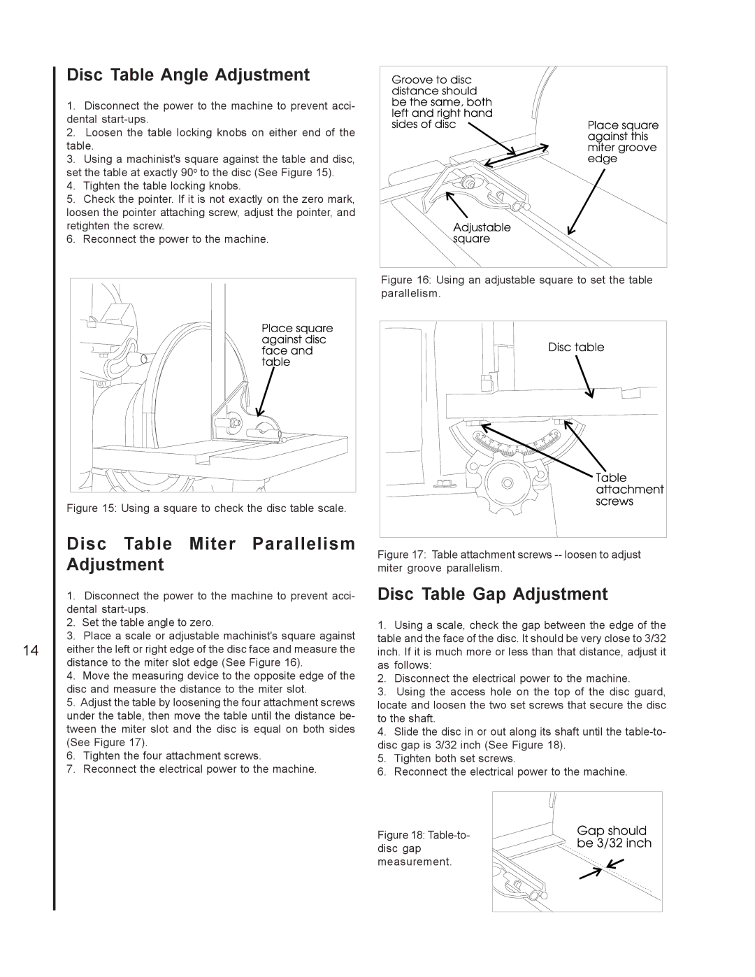 Wilton 4400A, 4200A, 4300A Disc Table Angle Adjustment, Disc Table Miter Parallelism Adjustment, Disc Table Gap Adjustment 