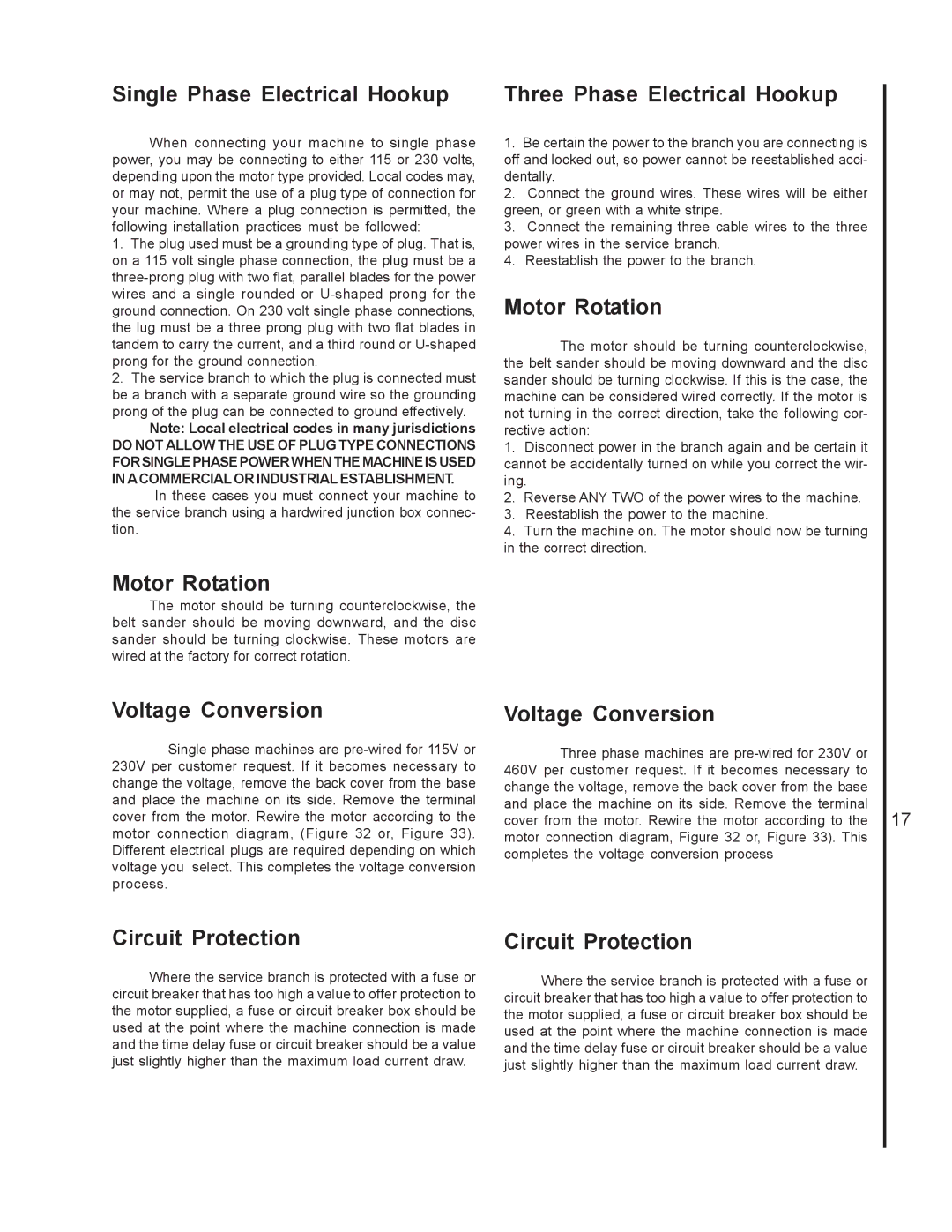 Wilton 4400A, 4200A, 4300A manual Single Phase Electrical Hookup, Motor Rotation, Voltage Conversion, Circuit Protection 