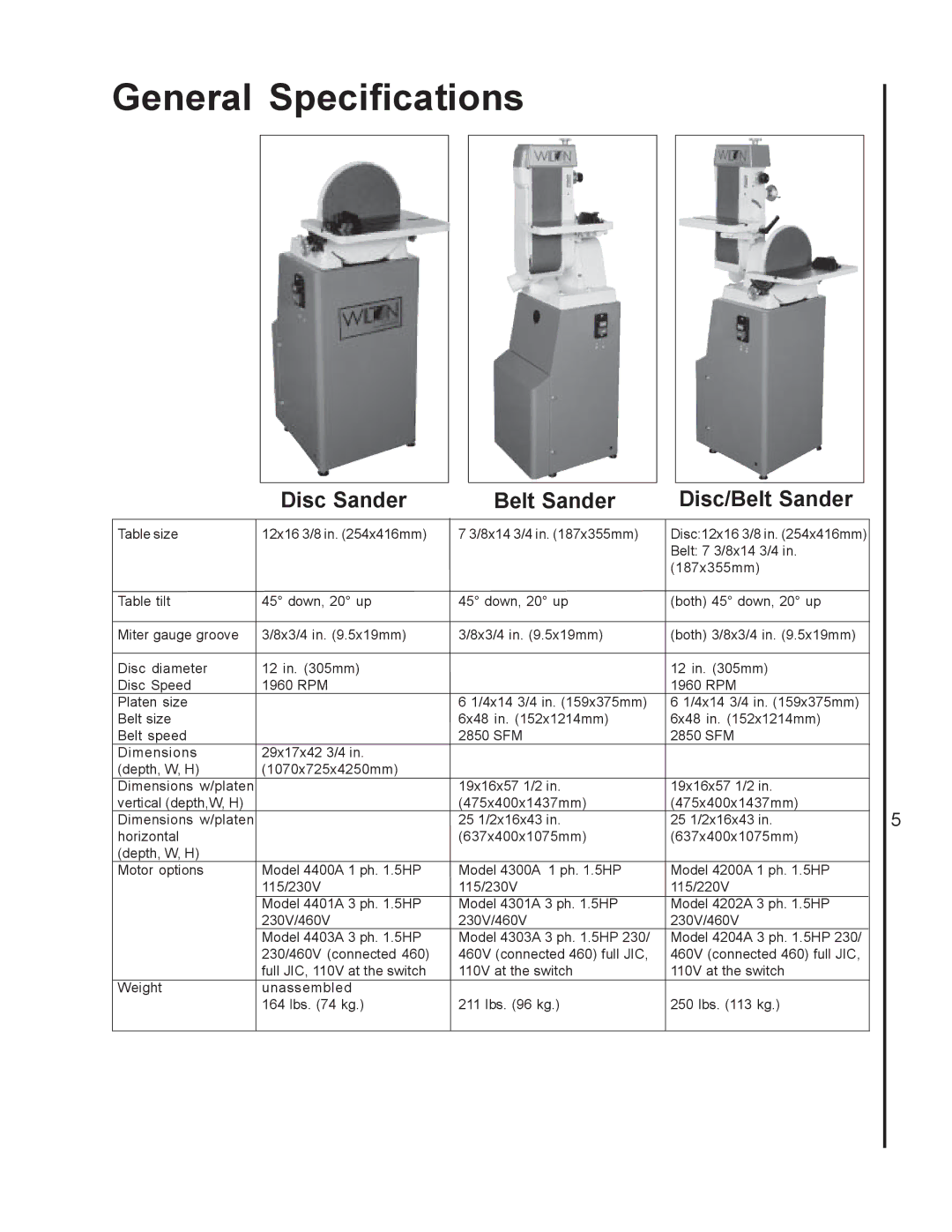 Wilton 4400A, 4200A, 4300A manual General Specifications, Disc Sander Belt Sander Disc/Belt Sander 