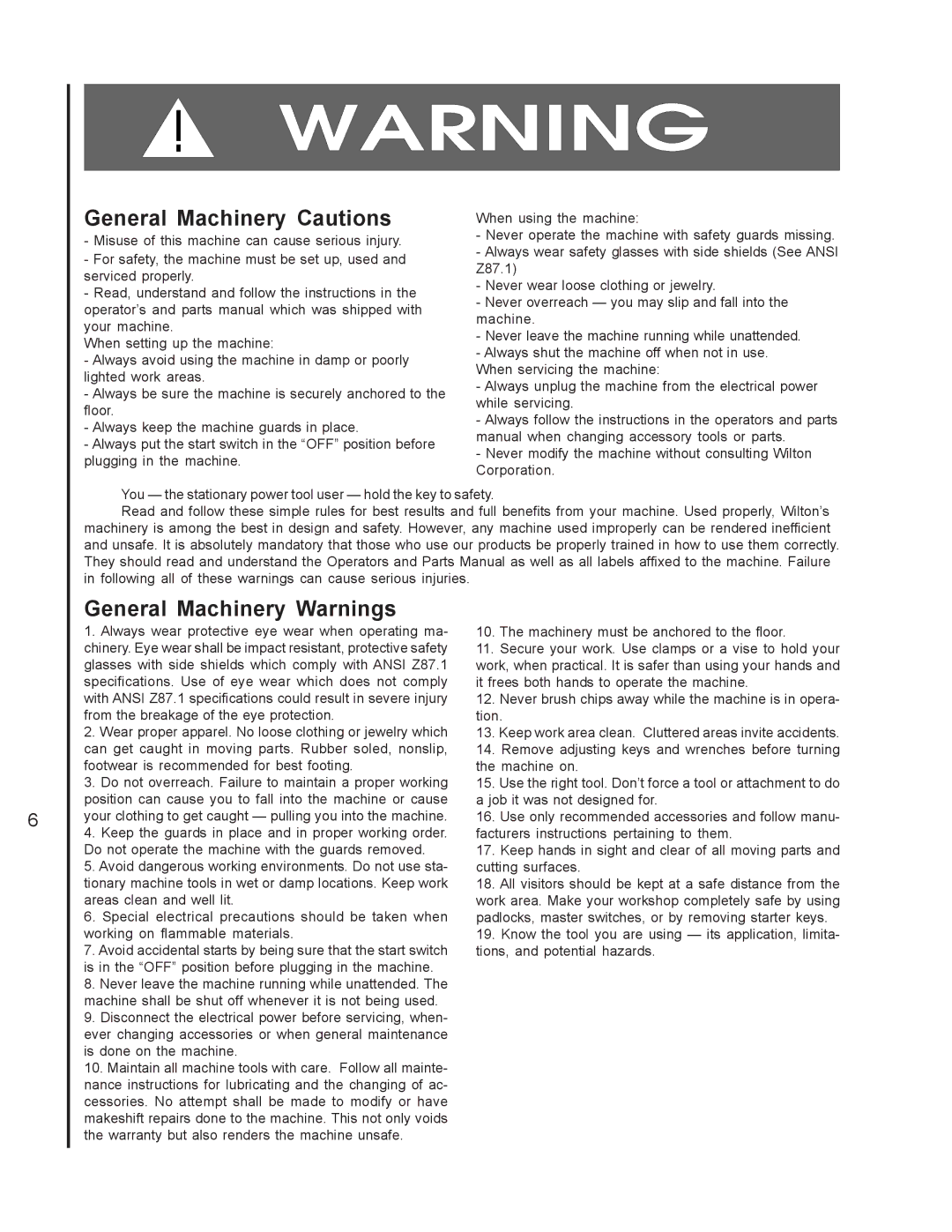 Wilton 4200A, 4300A, 4400A manual General Machinery Cautions, General Machinery Warnings 