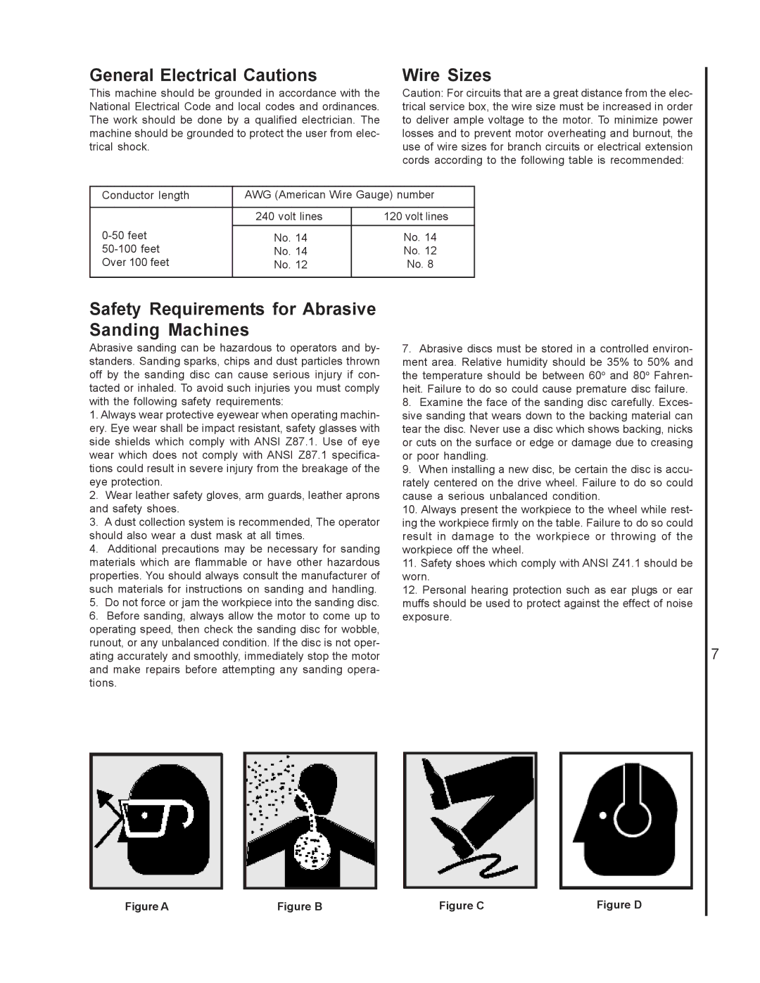 Wilton 4300A, 4200A, 4400A manual General Electrical Cautions, Wire Sizes, Safety Requirements for Abrasive Sanding Machines 