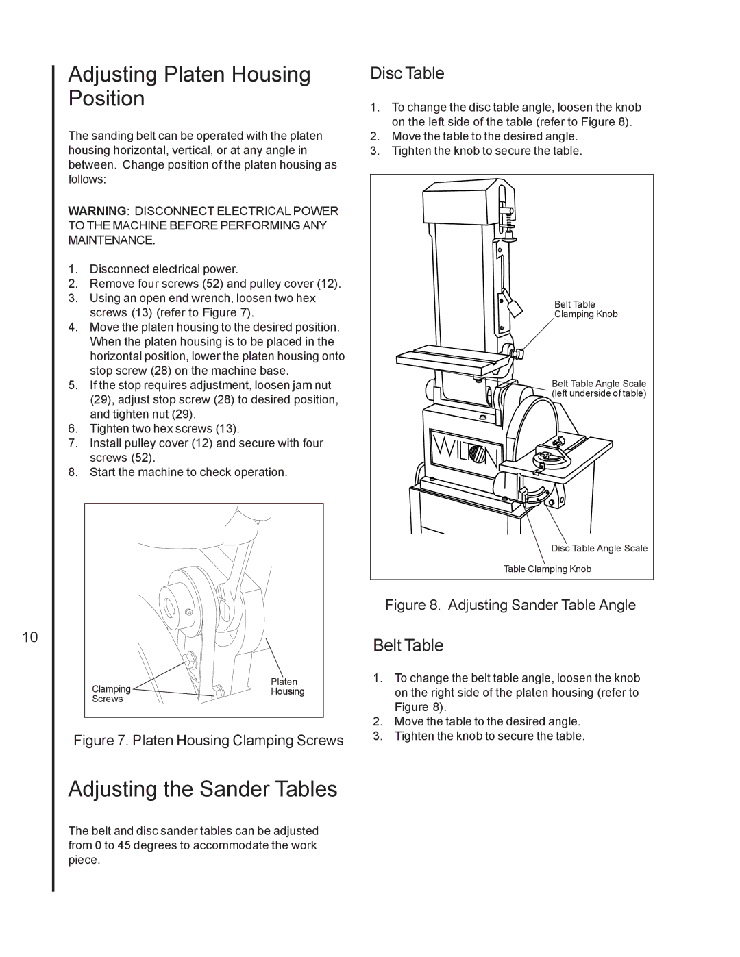 Wilton 4210 manual Adjusting Platen Housing Position, Adjusting the Sander Tables, Disc Table, Belt Table 