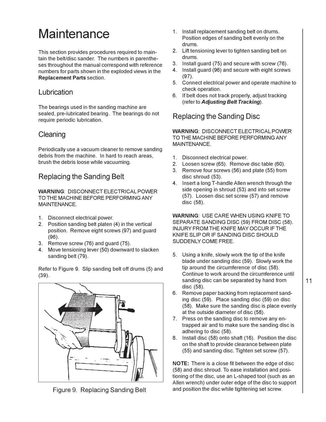 Wilton 4210 manual Maintenance, Lubrication, Cleaning, Replacing the Sanding Belt, Replacing the Sanding Disc 