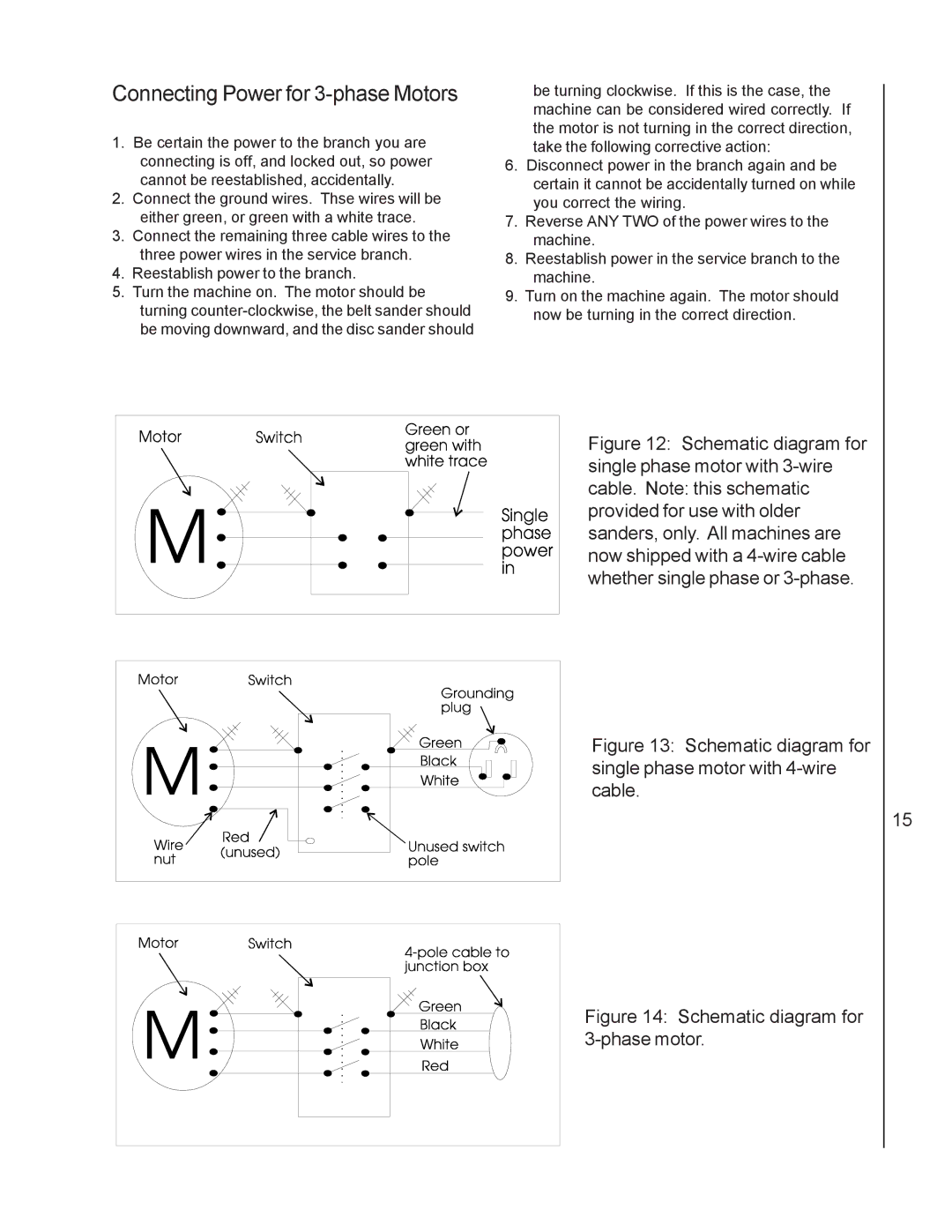 Wilton 4210 manual Connecting Power for 3-phase Motors, Schematic diagram for single phase motor with 4-wire cable 