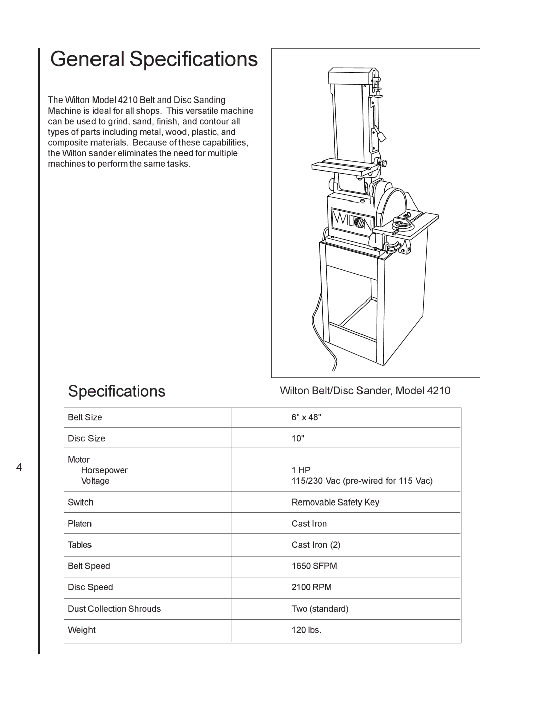 Wilton 4210 manual General Specifications 