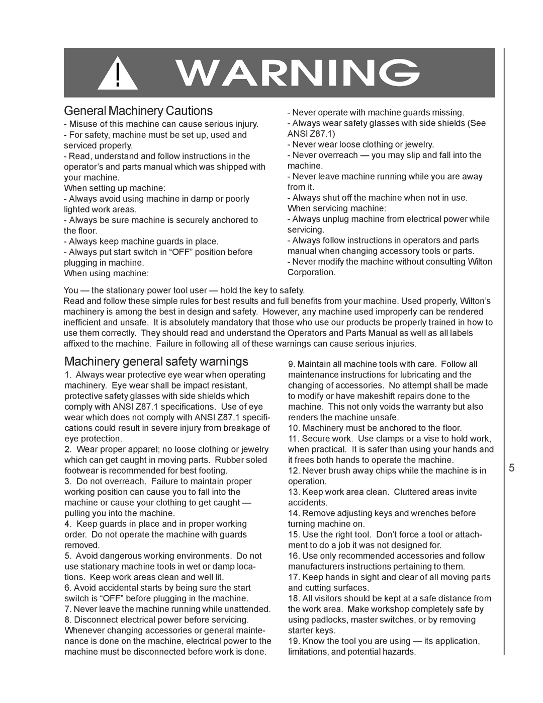 Wilton 4210 manual General Machinery Cautions, Machinery general safety warnings 