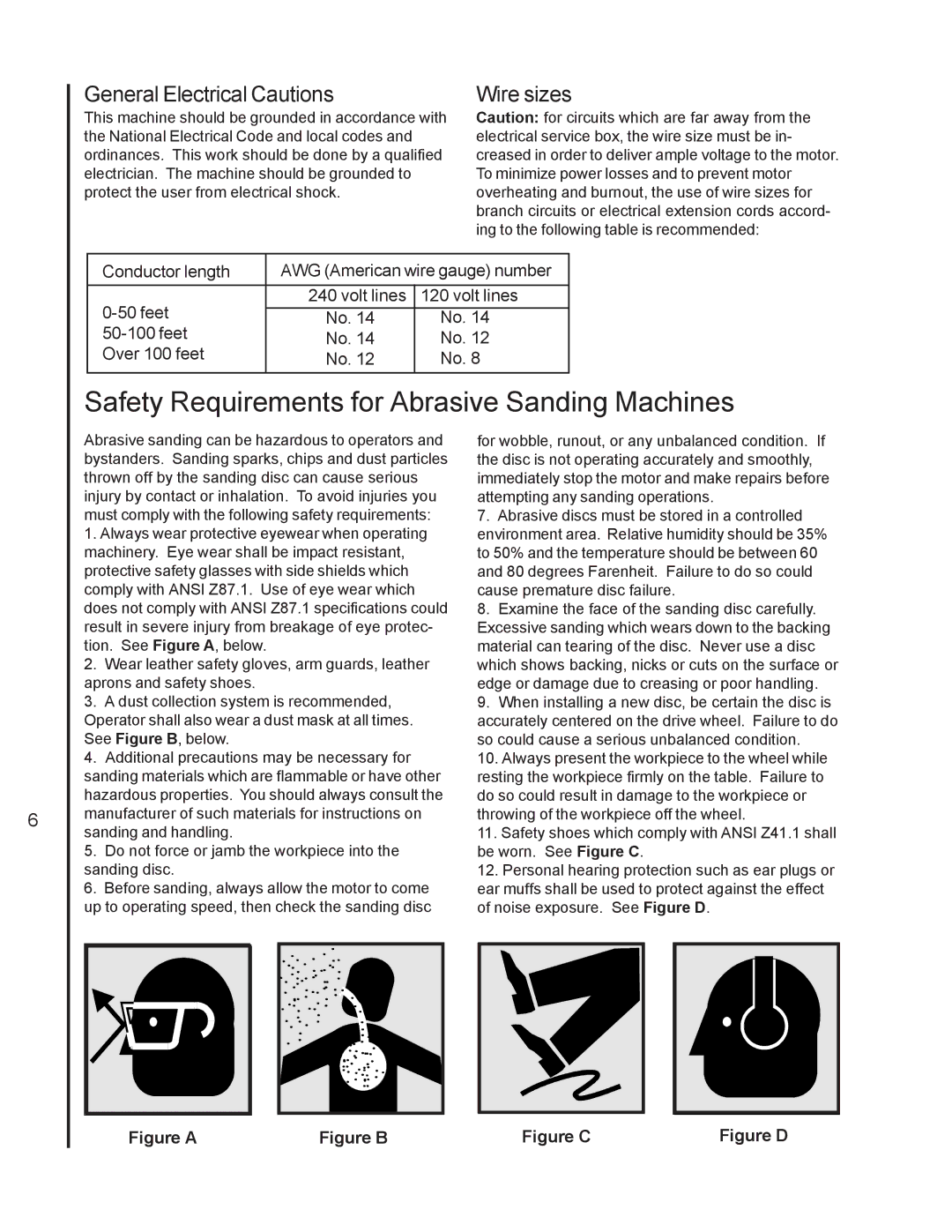 Wilton 4210 manual Safety Requirements for Abrasive Sanding Machines, General Electrical Cautions, Wire sizes 