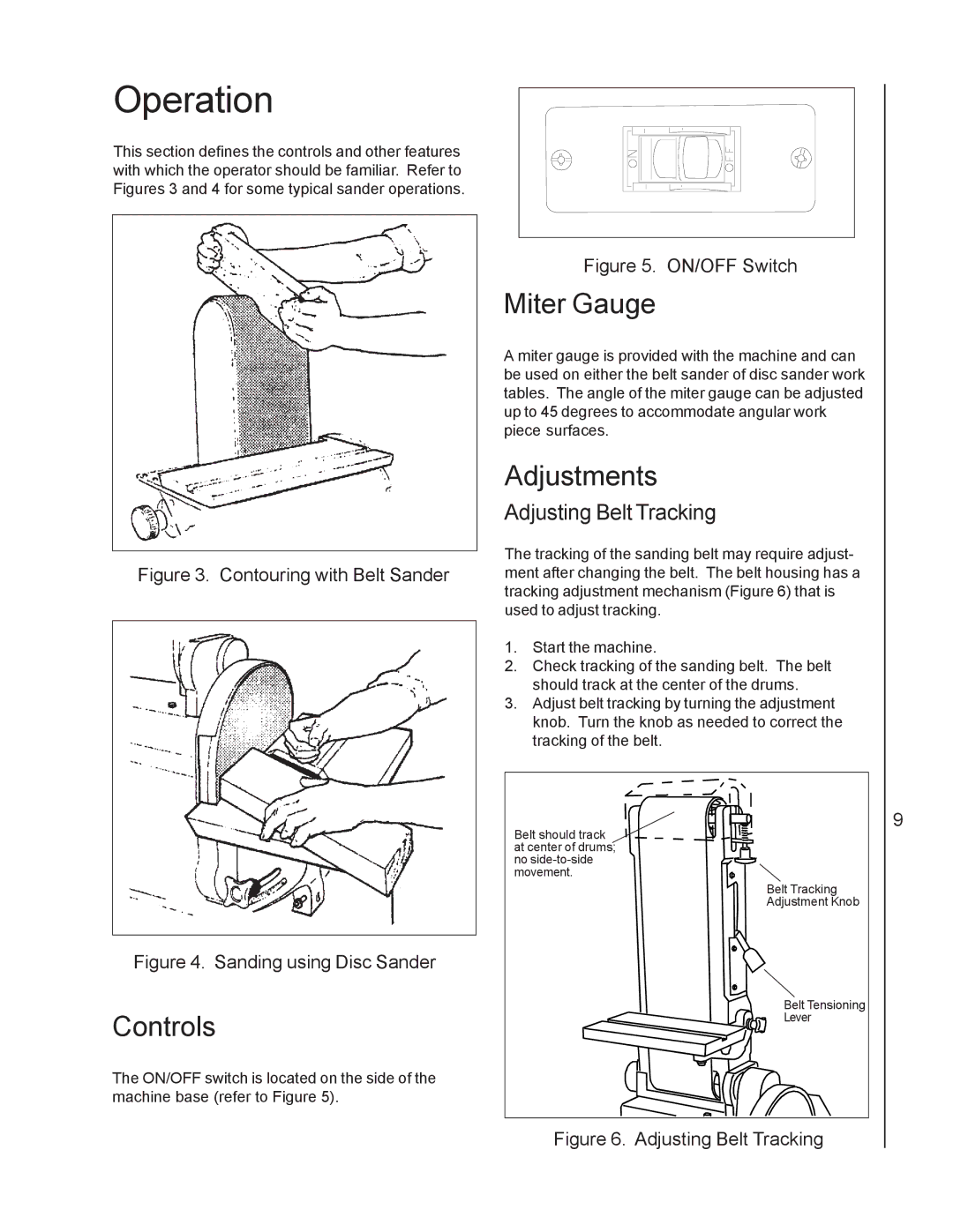 Wilton 4210 manual Operation, Controls, Miter Gauge, Adjustments, Adjusting Belt Tracking 