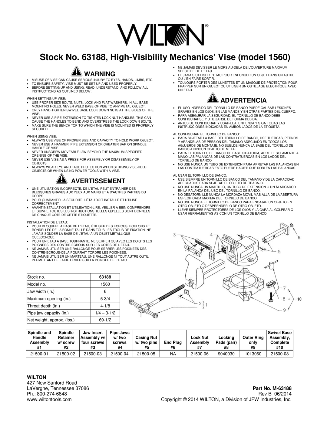 Wilton 63188 manual Stock No , High-Visibility Mechanics’ Vise model, Avertissement, Advertencia, Wilton 