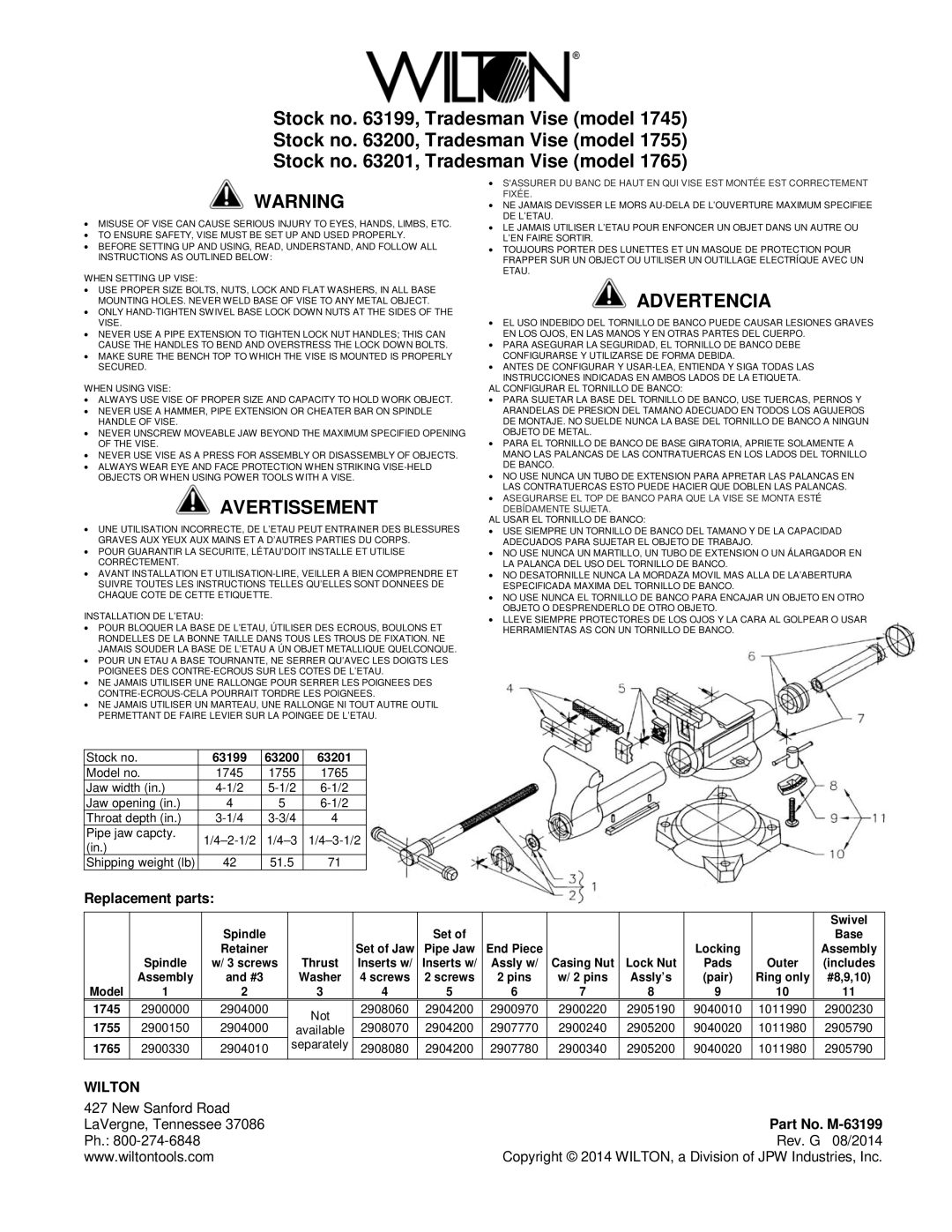 Wilton 63201, 63200, 63199 manual Avertissement, Advertencia, Replacement parts, Wilton 