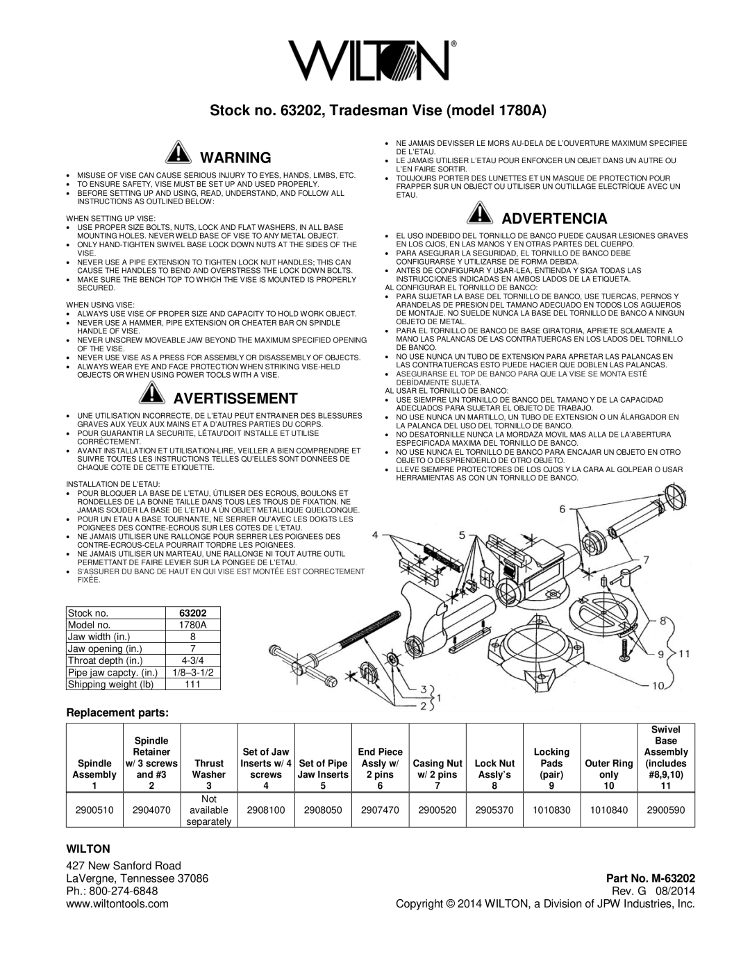 Wilton 63202 manual Stock no , Tradesman Vise model 1780A, Avertissement, Advertencia, Wilton 