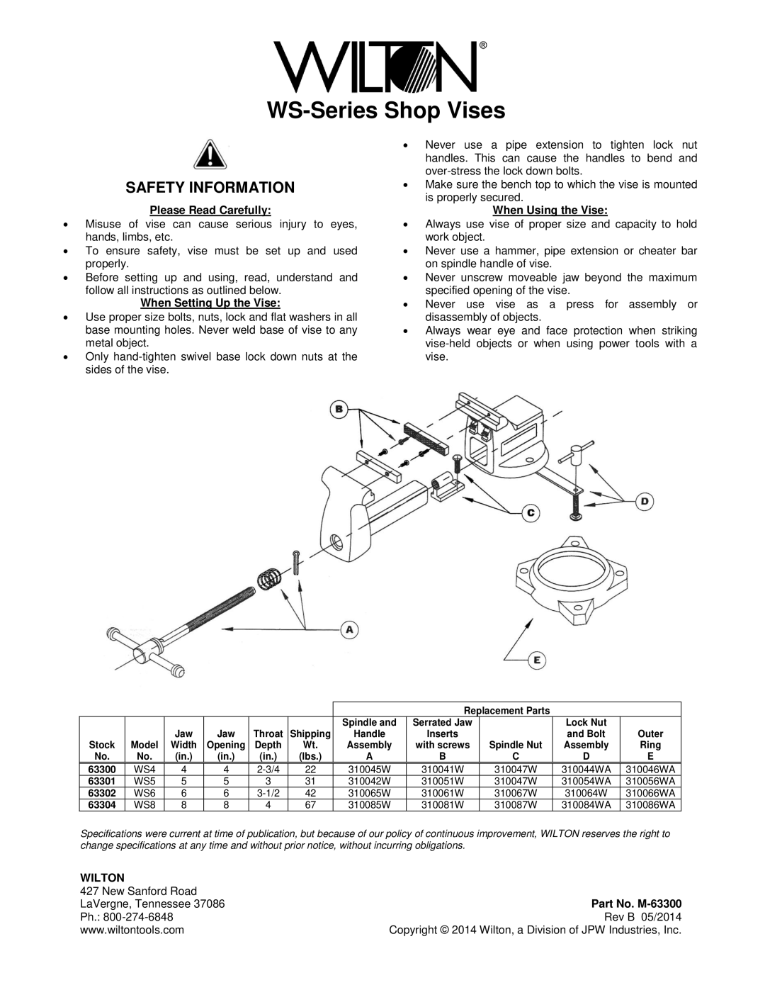 Wilton 63304, 63302, 63301 manual Please Read Carefully, When Setting Up the Vise, When Using the Vise, Part No. M-63300 