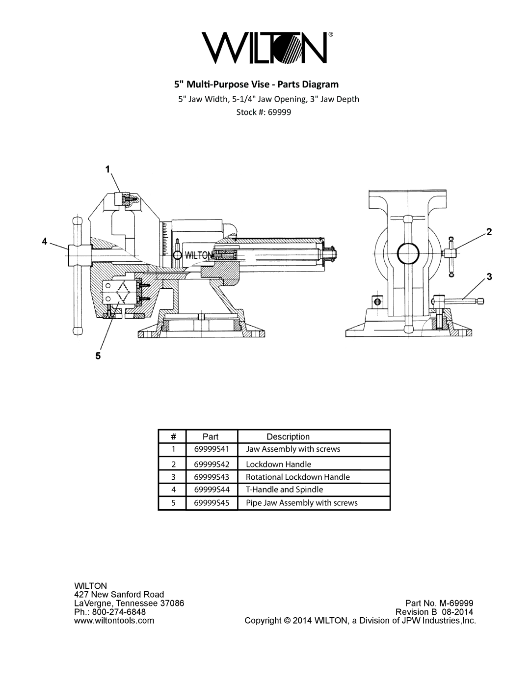 Wilton 69999 manual Multi-Purpose Vise Parts Diagram, Jaw Width, 5-1/4 Jaw Opening, 3 Jaw Depth Stock #, Wilton 