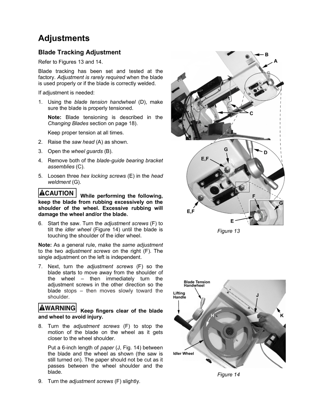 Wilton 7015 manual Adjustments, Blade Tracking Adjustment, Keep fingers clear of the blade and wheel to avoid injury 