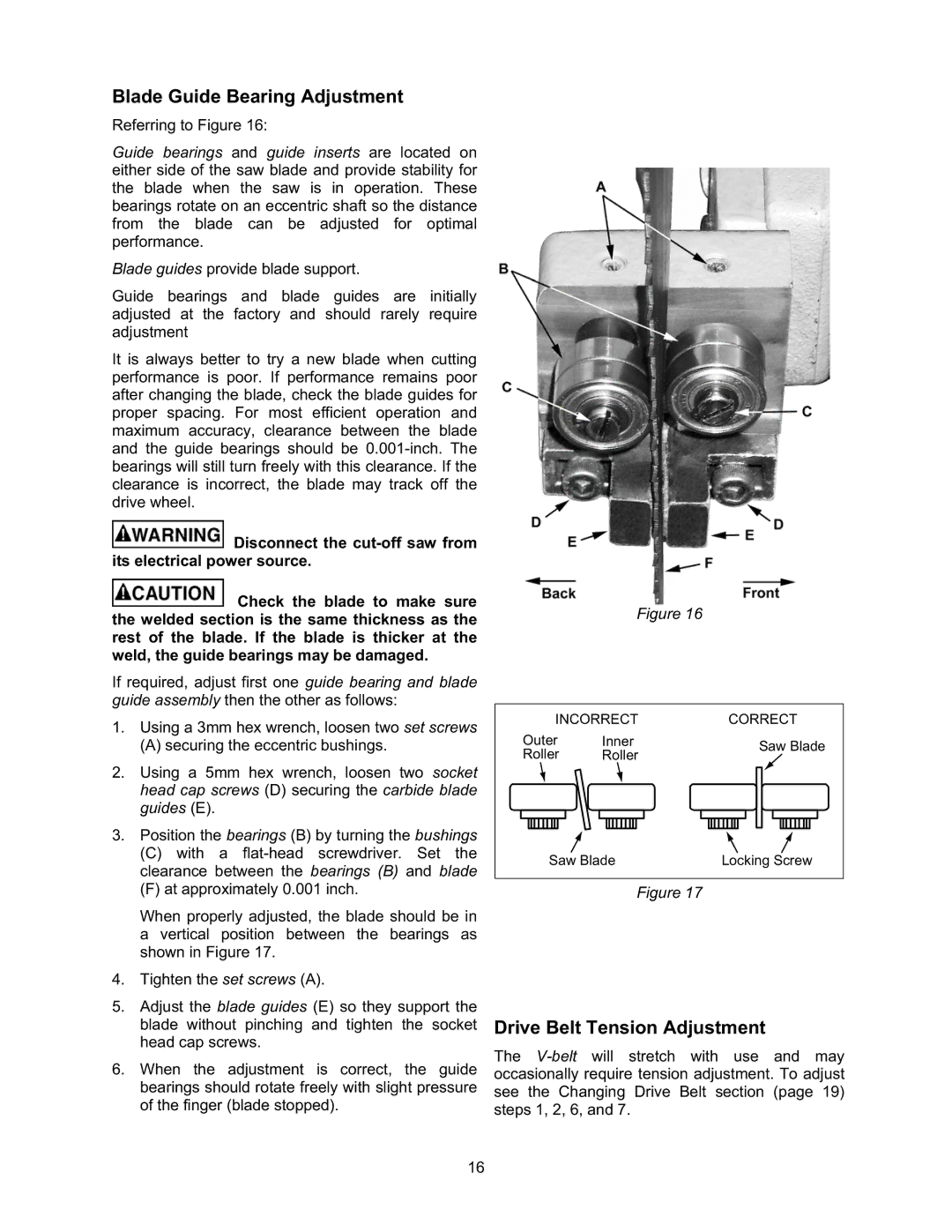 Wilton 7015 manual Blade Guide Bearing Adjustment, Drive Belt Tension Adjustment 