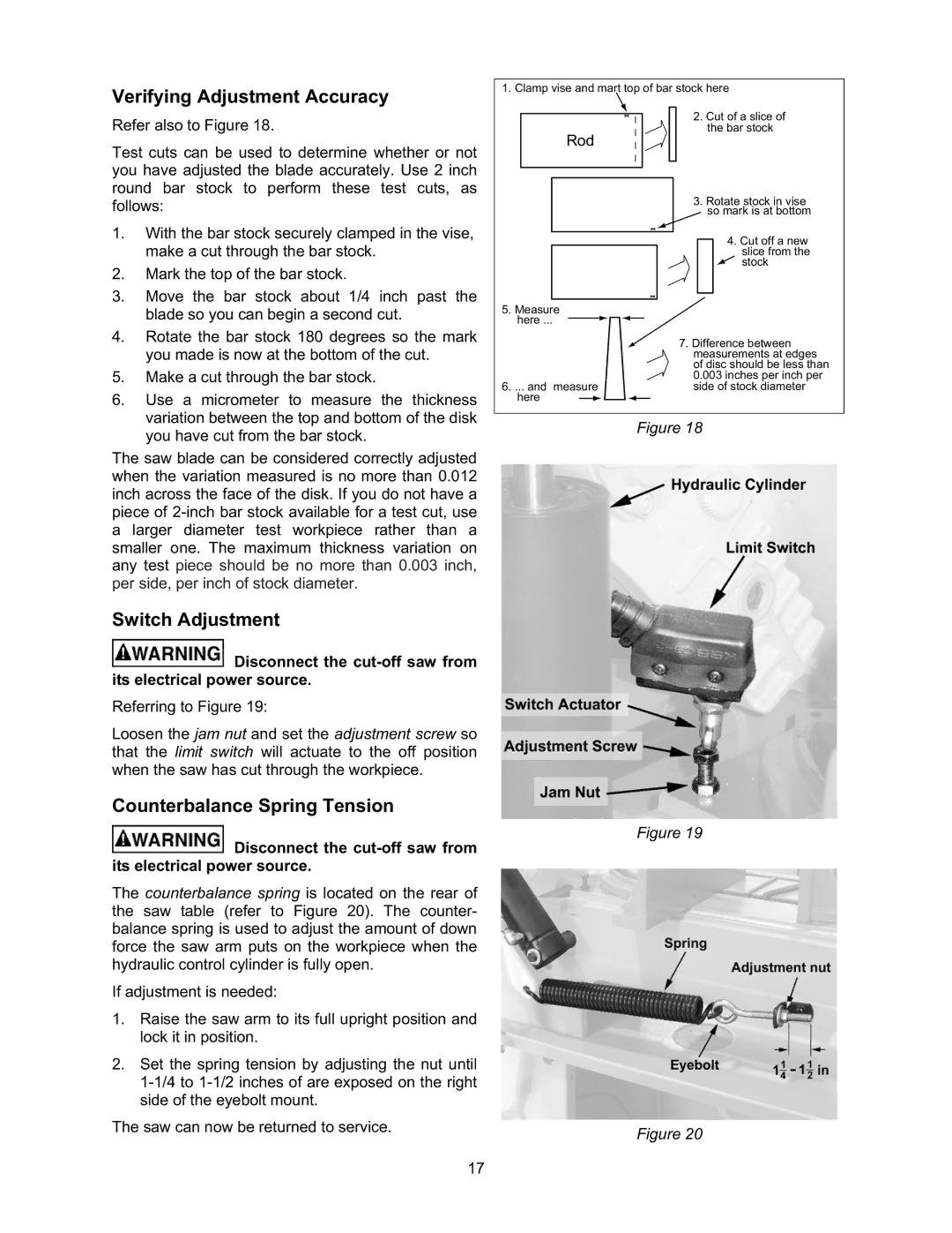 Wilton 7015 manual Verifying Adjustment Accuracy, Switch Adjustment, Counterbalance Spring Tension 