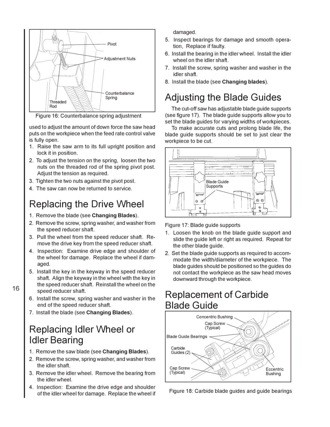 Wilton 7020/7040 manual Replacing the Drive Wheel, Replacing Idler Wheel or Idler Bearing, Adjusting the Blade Guides 