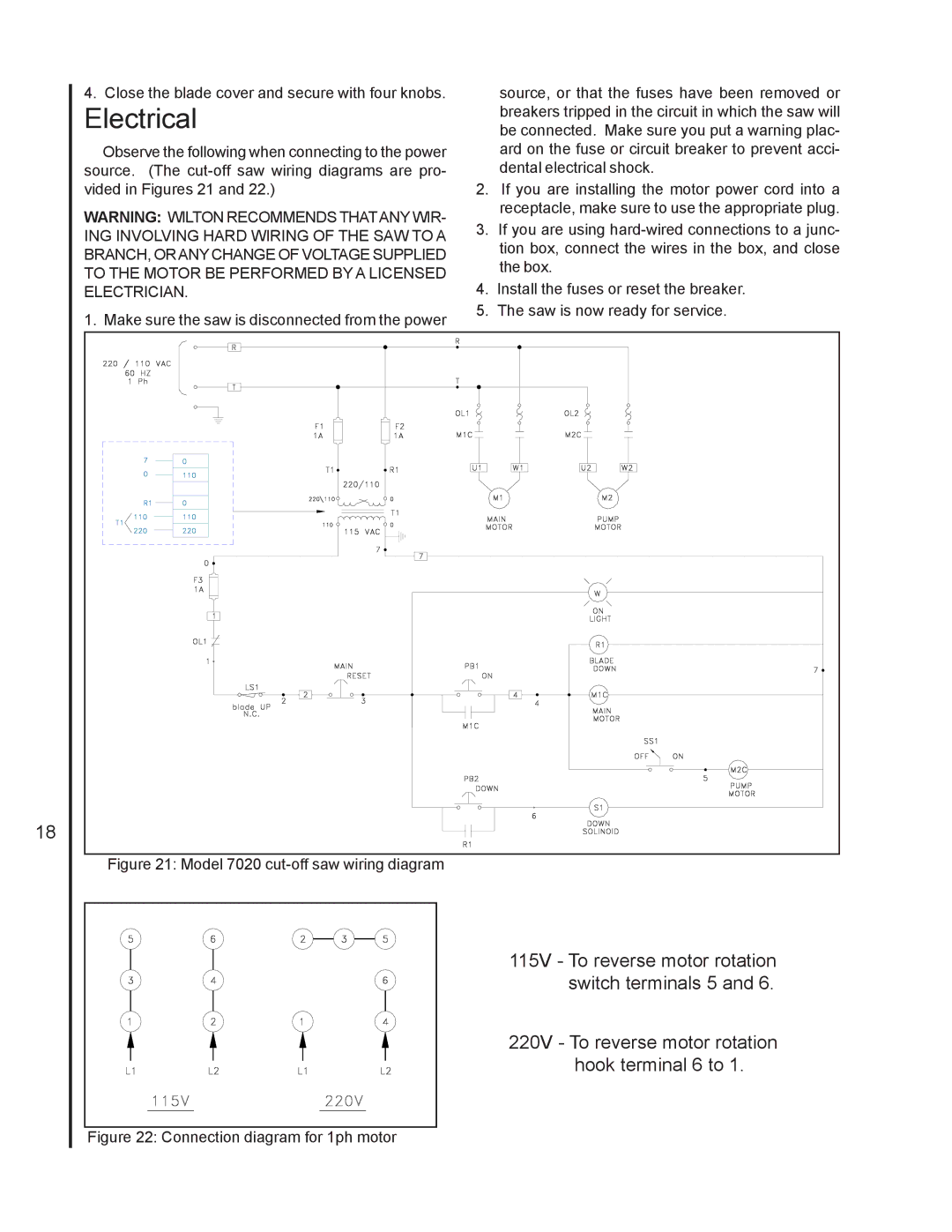 Wilton 7020/7040 manual Electrical, Model 7020 cut-off saw wiring diagram 