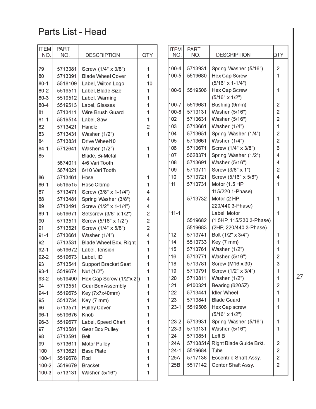 Wilton 7020/7040 manual Parts List Head 