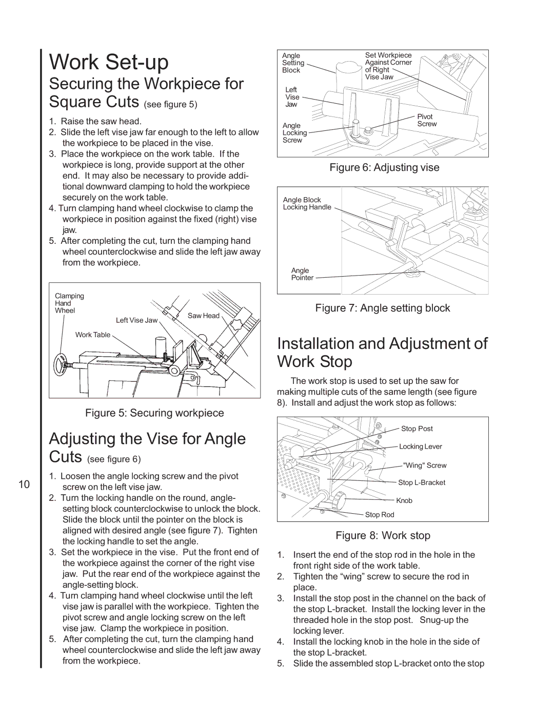 Wilton 7060 manual Work Set-up, Securing the Workpiece for, Installation and Adjustment of Work Stop 