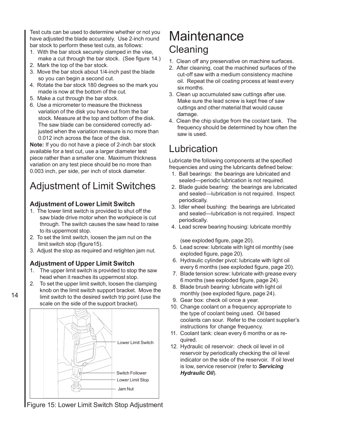 Wilton 7060 manual Maintenance, Adjustment of Limit Switches, Cleaning, Lubrication 