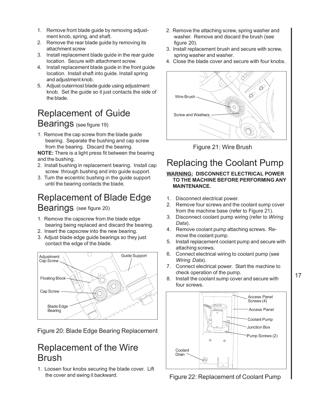 Wilton 7060 Replacement of Guide, Replacement of Blade Edge, Replacement of the Wire Brush, Replacing the Coolant Pump 