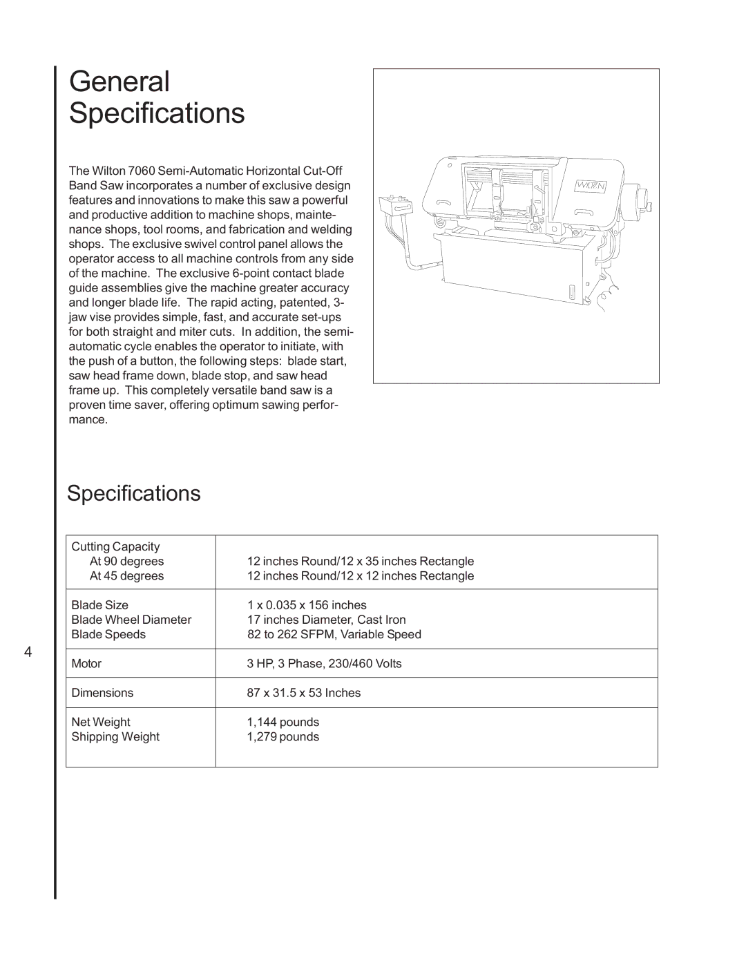 Wilton 7060 manual General Specifications 