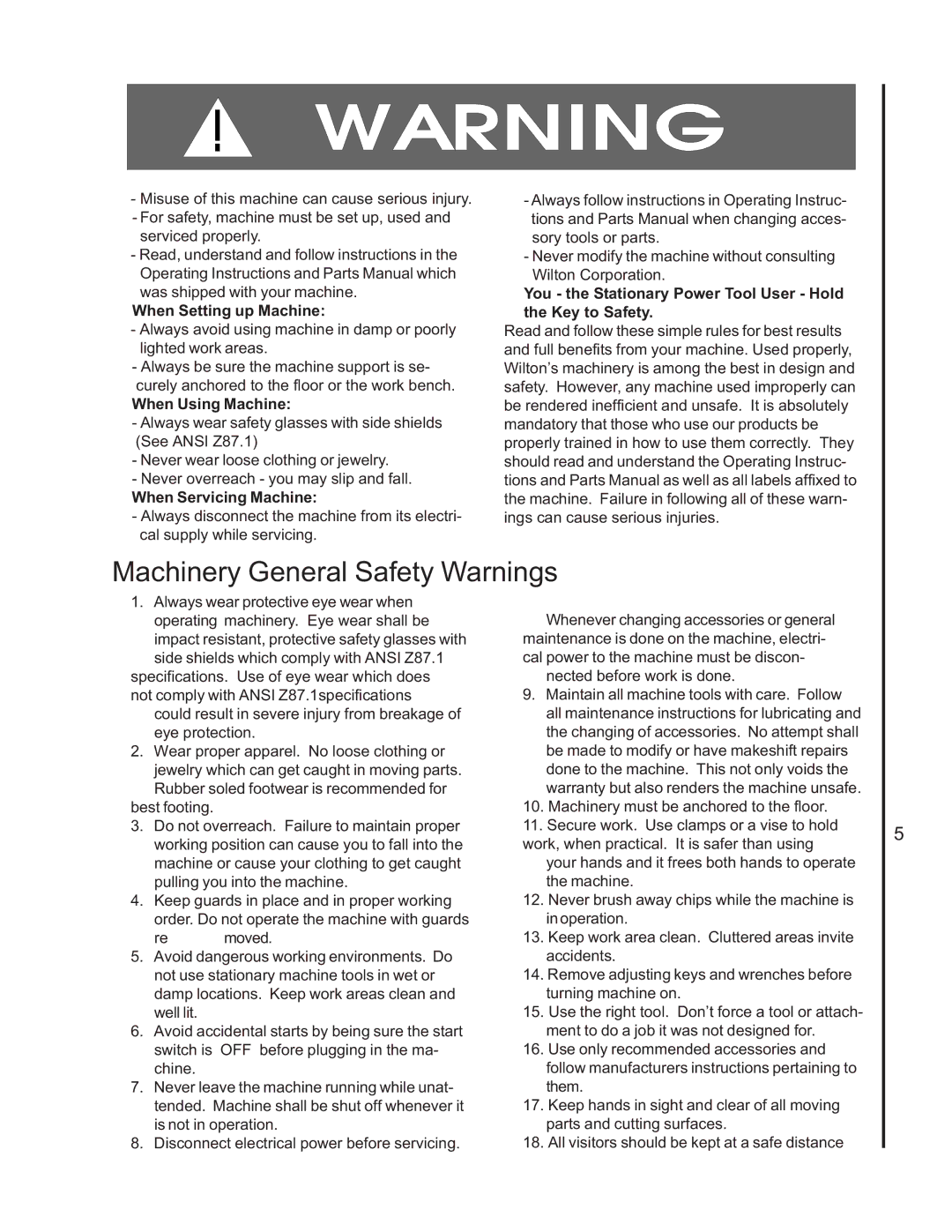 Wilton 7060 manual Machinery General Safety Warnings, When Setting up Machine 