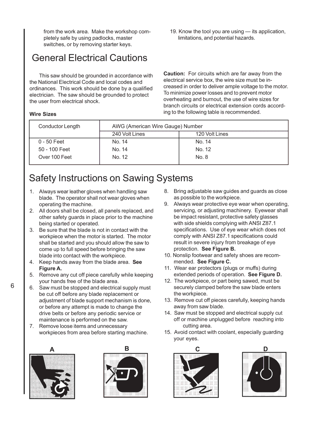 Wilton 7060 manual General Electrical Cautions, Safety Instructions on Sawing Systems 