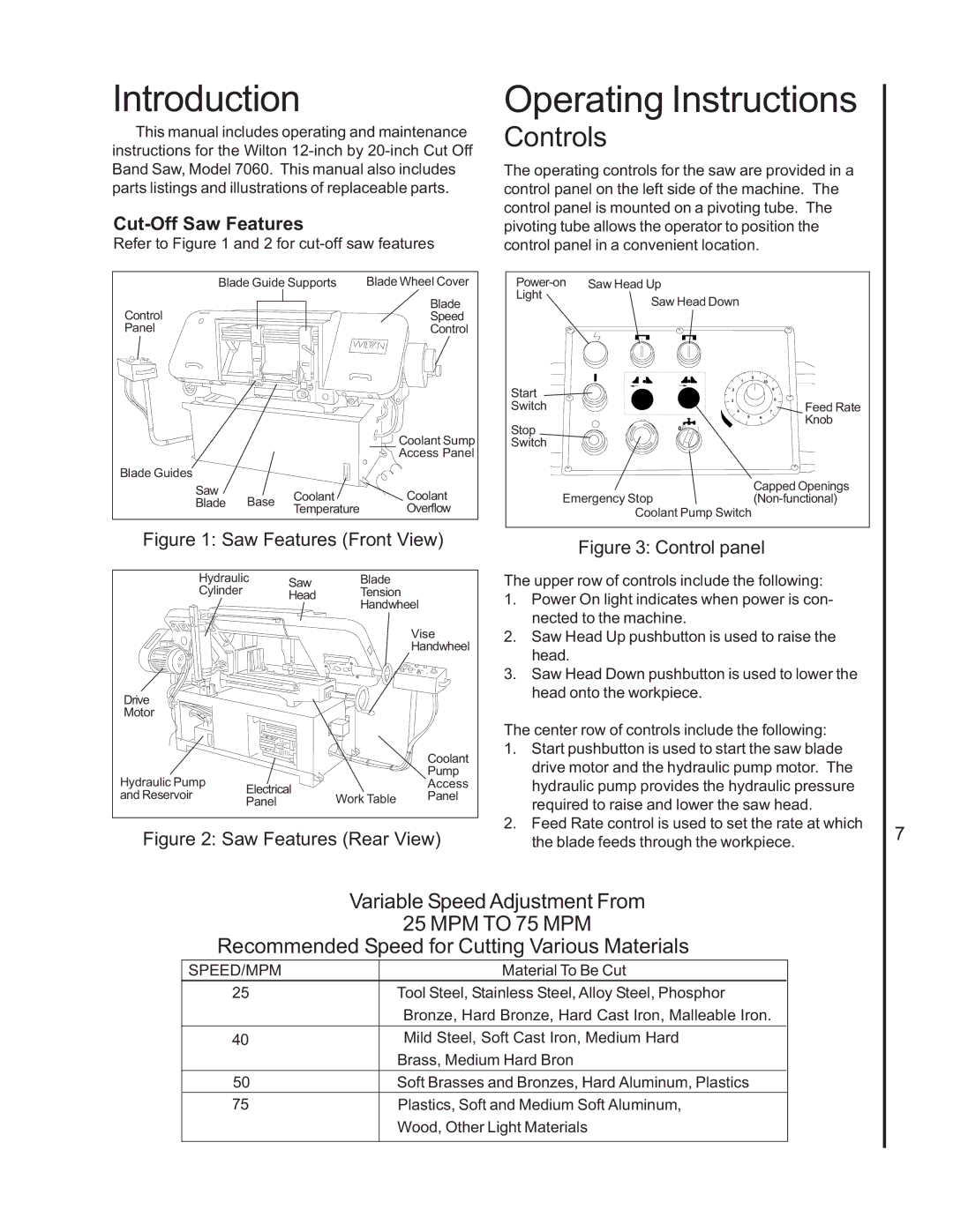 Wilton 7060 manual Introduction, Operating Instructions, Controls 