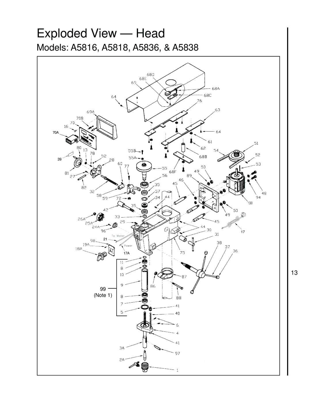 Wilton A3816, A3818 manual Exploded View Head, Models A5816, A5818, A5836, & A5838 