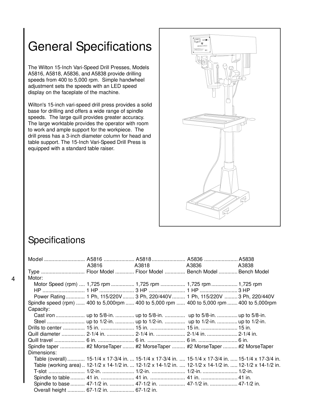 Wilton A5816, A5818, A3816, A3818 manual General Specifications 