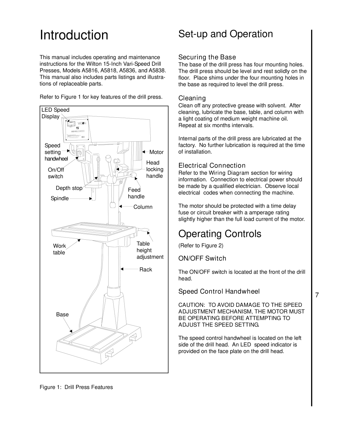 Wilton A3818, A5816, A5818, A3816 manual Introduction, Set-up and Operation, Operating Controls 