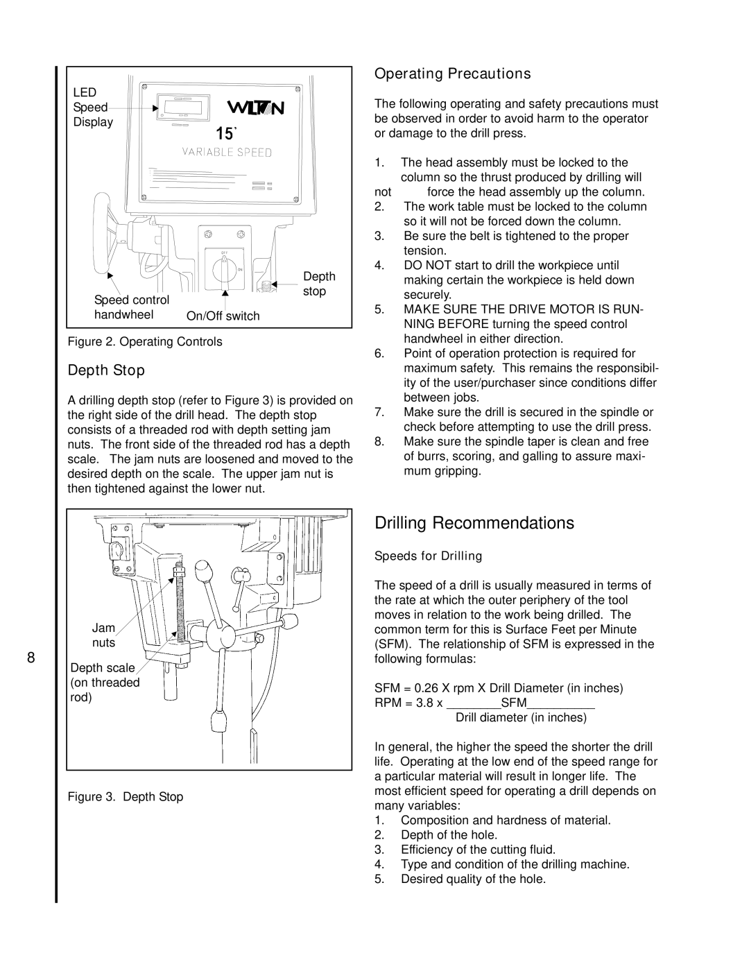 Wilton A5816, A5818, A3816, A3818 manual Drilling Recommendations, Depth Stop 