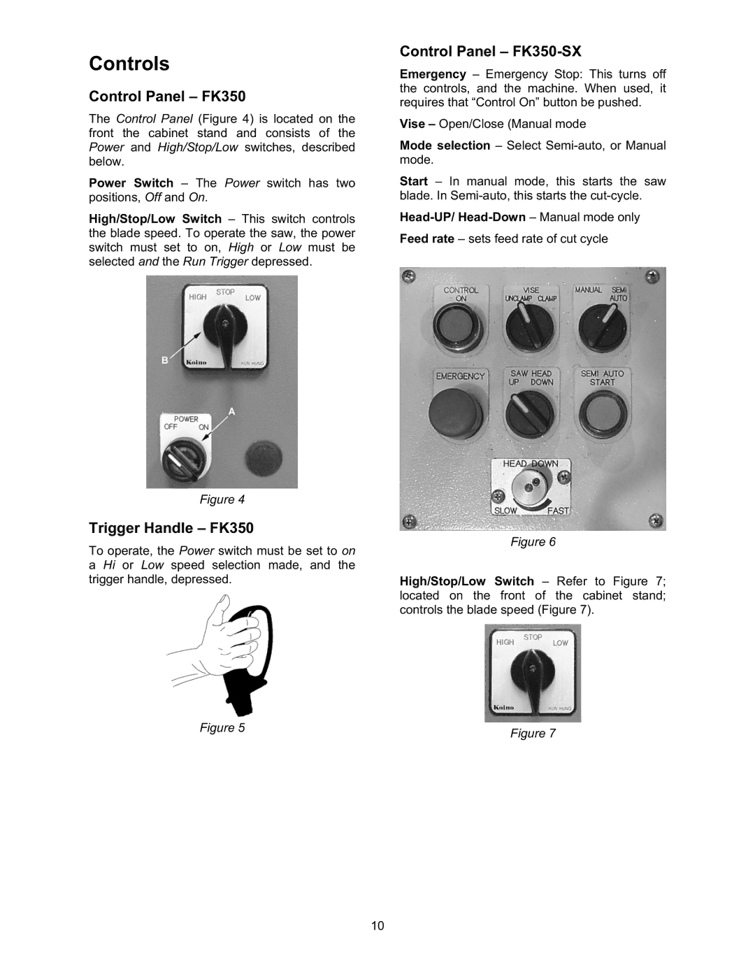 Wilton FK350-2SX, FK350-4 manual Controls, Trigger Handle FK350, Control Panel FK350-SX 