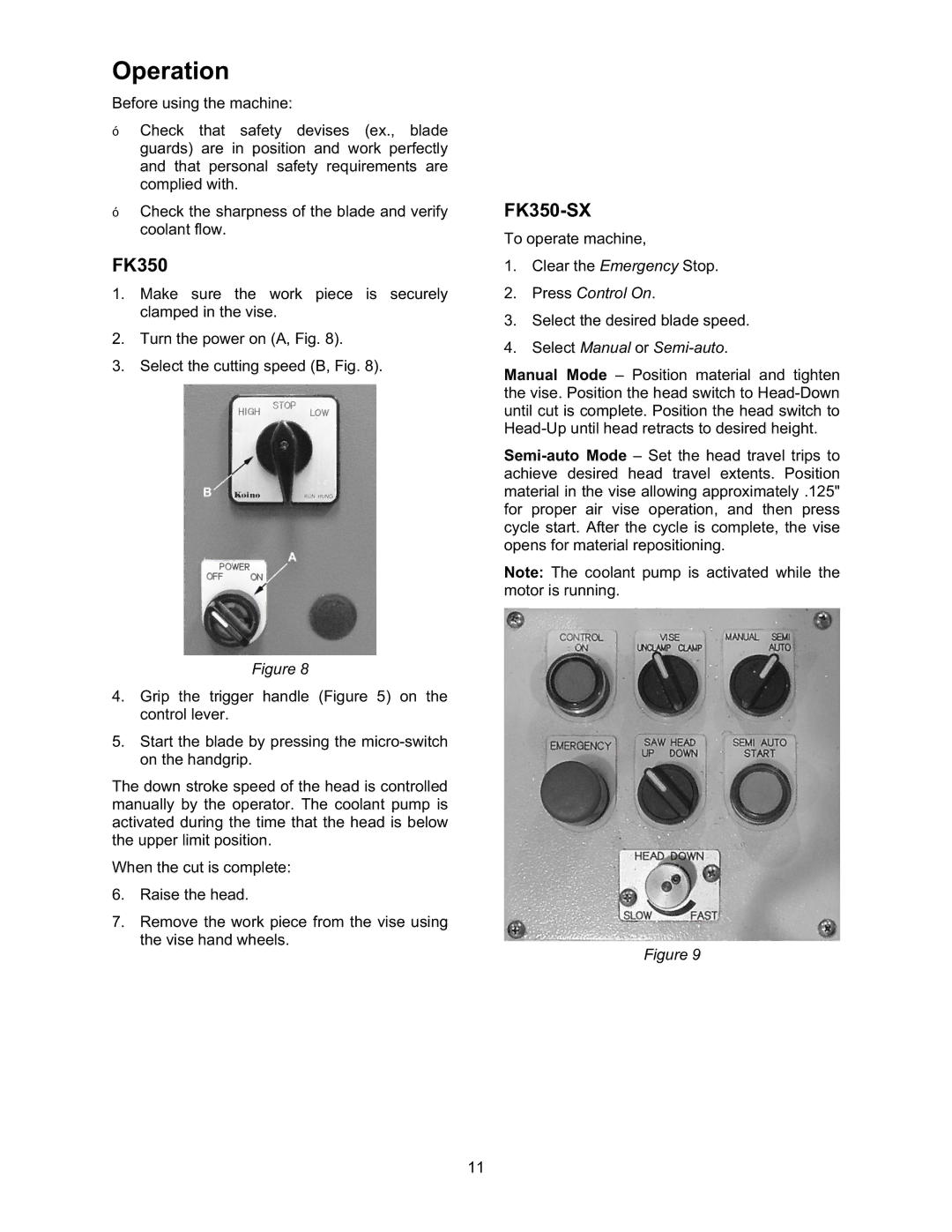 Wilton FK350-2SX, FK350-4 manual Operation, FK350-SX 