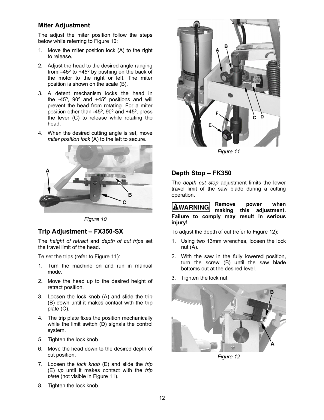 Wilton FK350-2SX, FK350-4 manual Miter Adjustment, Trip Adjustment FX350-SX, Depth Stop FK350 