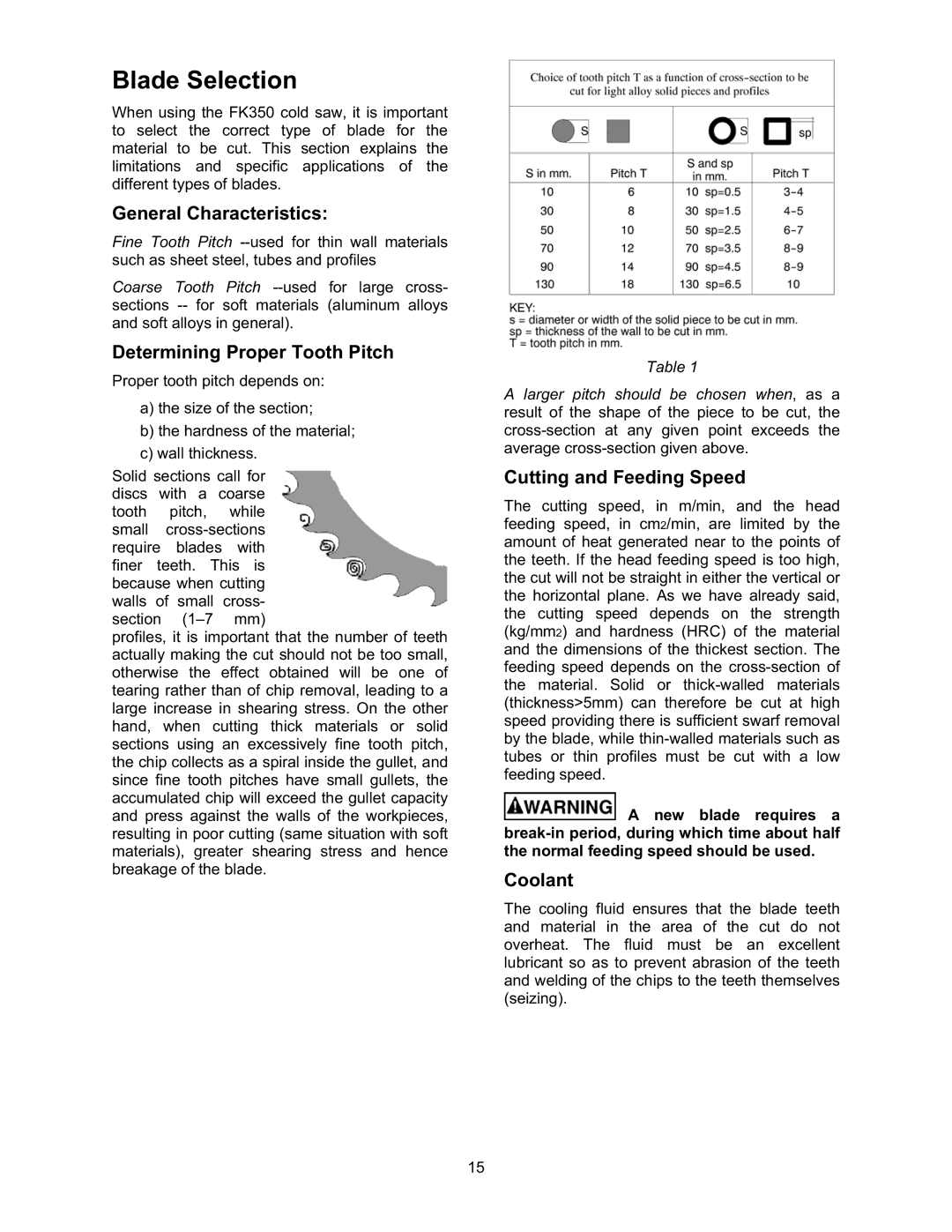 Wilton FK350-2SX Blade Selection, General Characteristics, Determining Proper Tooth Pitch, Cutting and Feeding Speed 