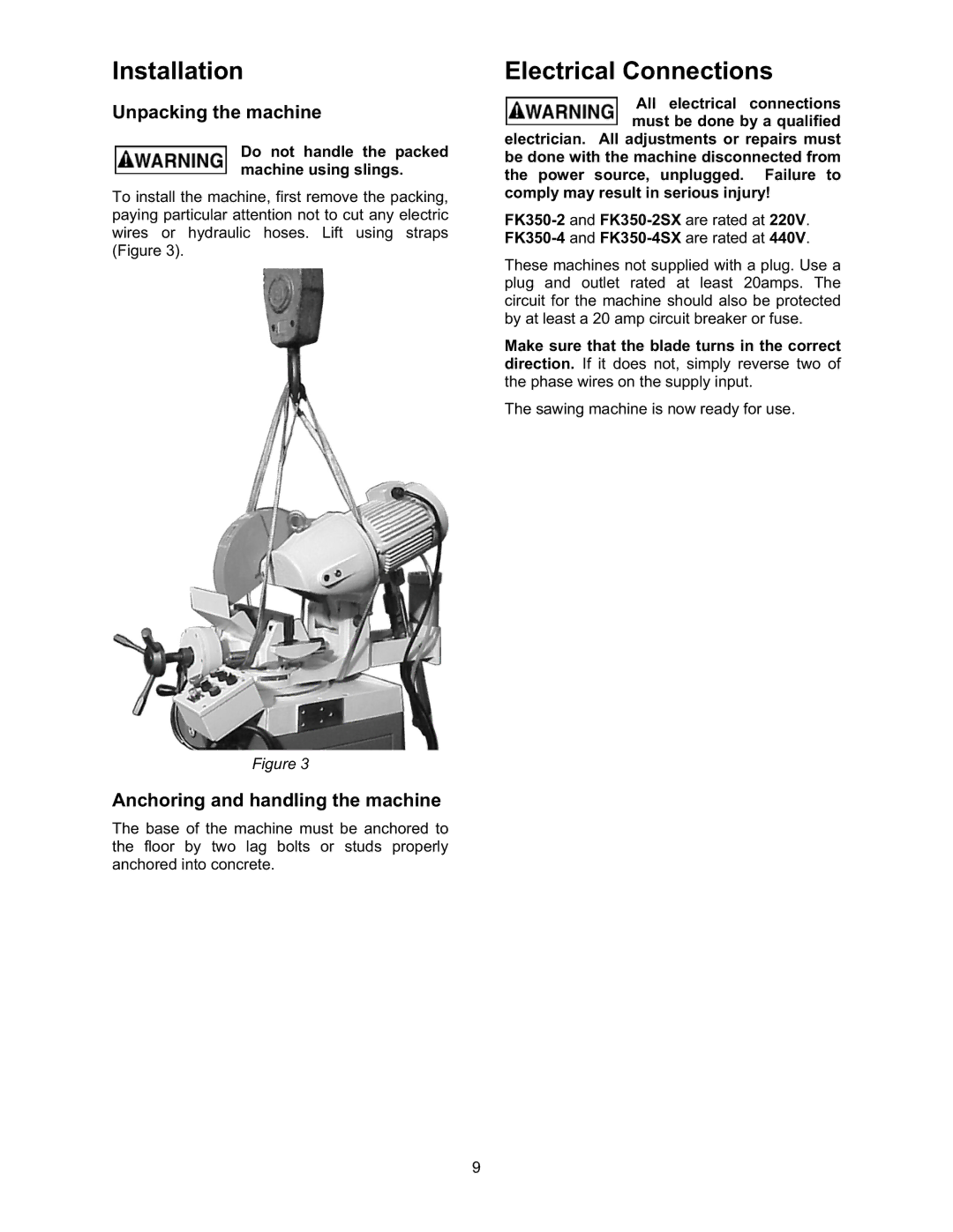 Wilton FK350-4, FK350-2SX Installation, Electrical Connections, Unpacking the machine, Anchoring and handling the machine 