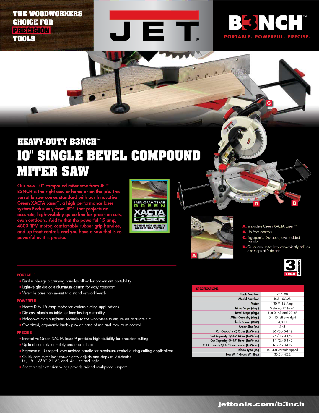 Wilton JMS-10CMS manual Single Bevel Compound Miter SAW, Portable, Precise, Features, JJP-8BT 