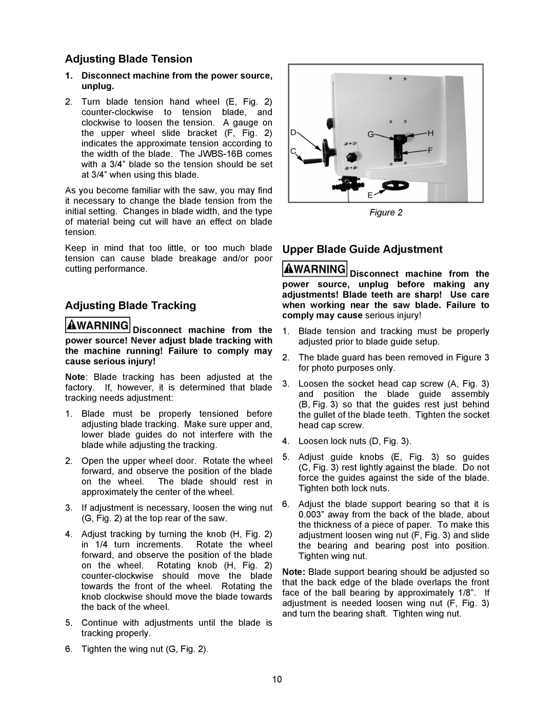 Wilton JWBS-16B manual Adjusting Blade Tension, Adjusting Blade Tracking, Upper Blade Guide Adjustment 