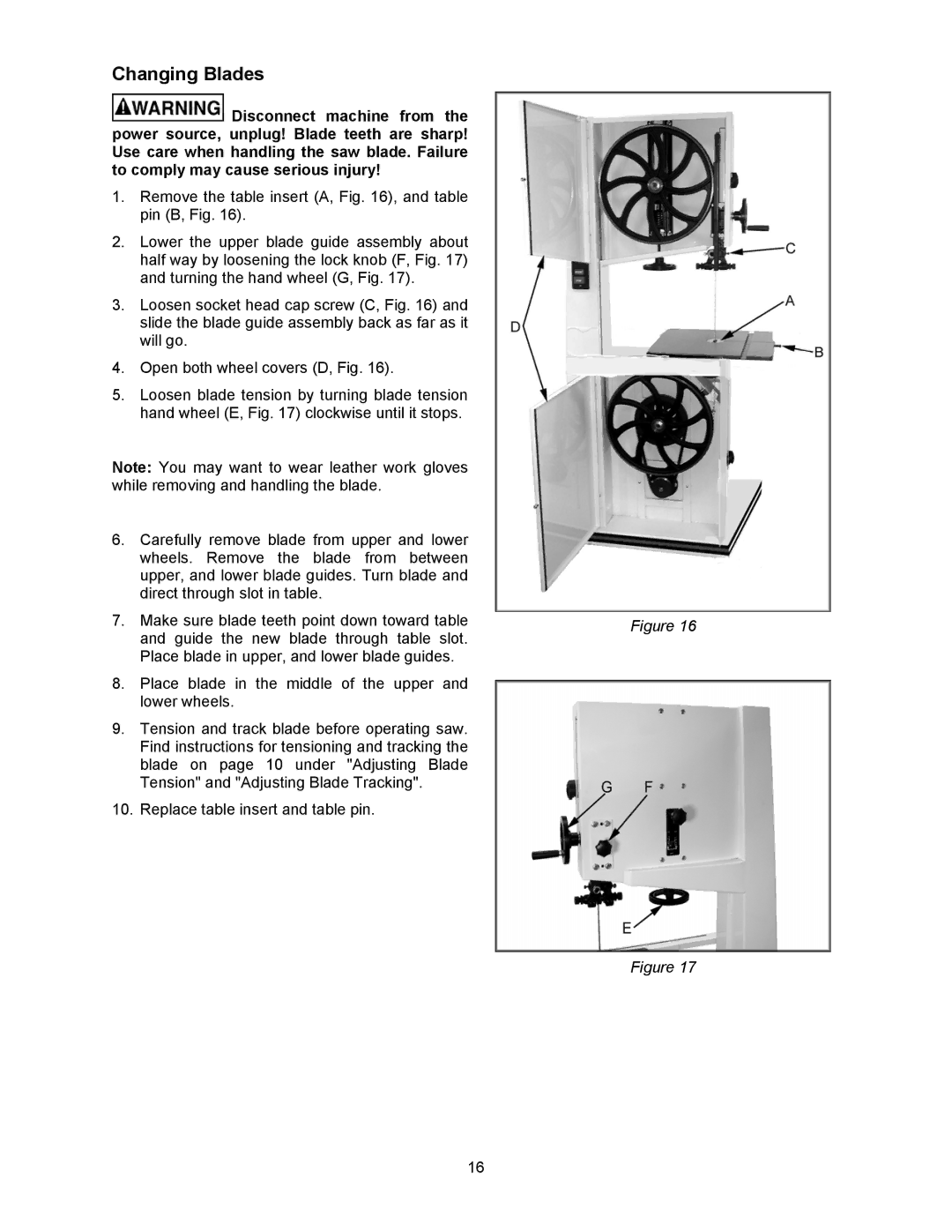 Wilton JWBS-16B manual Changing Blades 