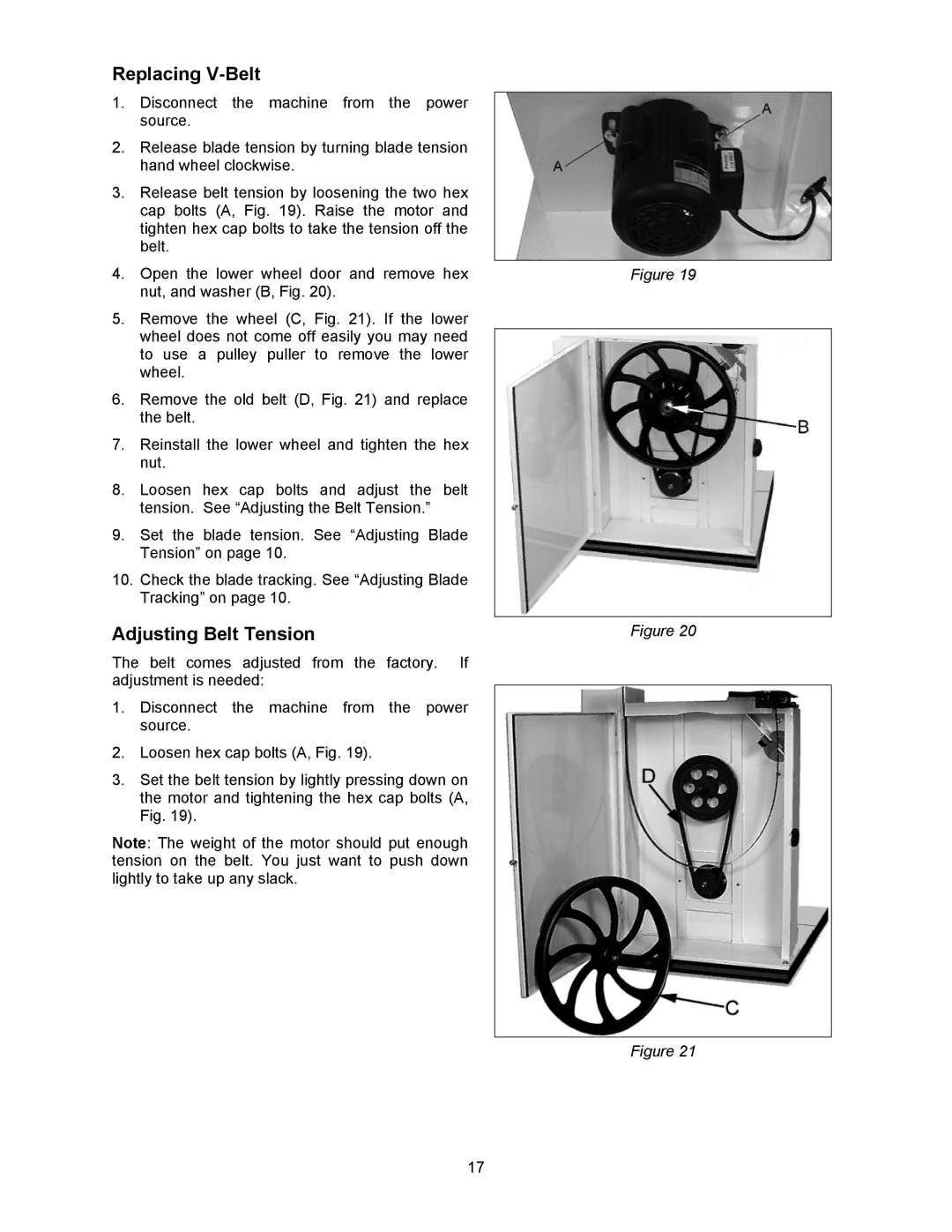 Wilton JWBS-16B manual Replacing V-Belt, Adjusting Belt Tension 