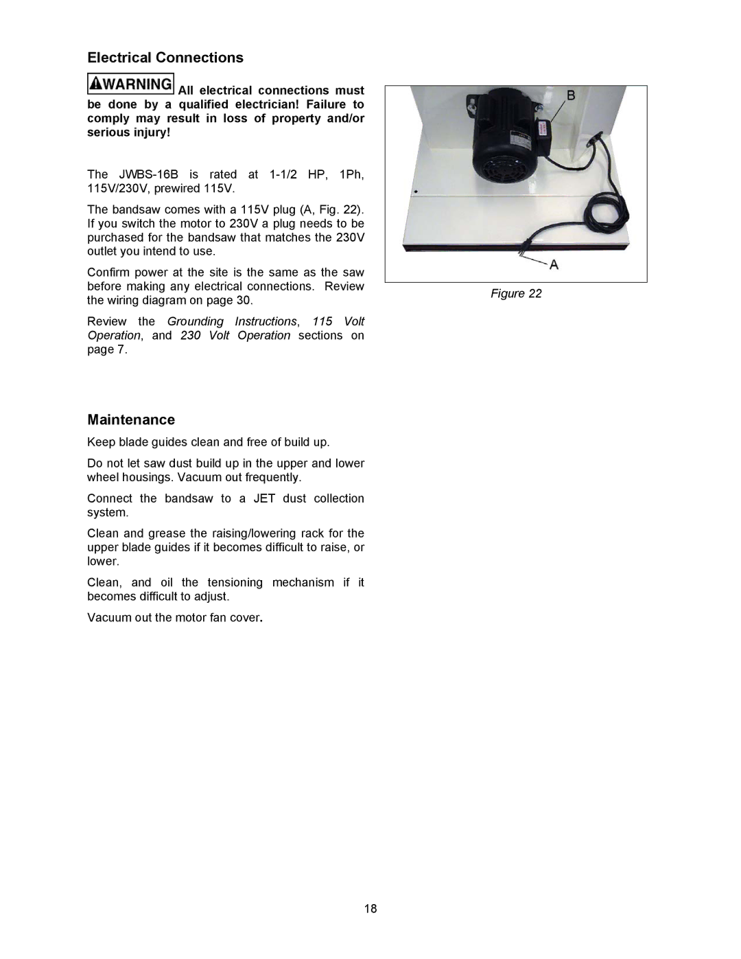 Wilton JWBS-16B manual Electrical Connections, Maintenance 